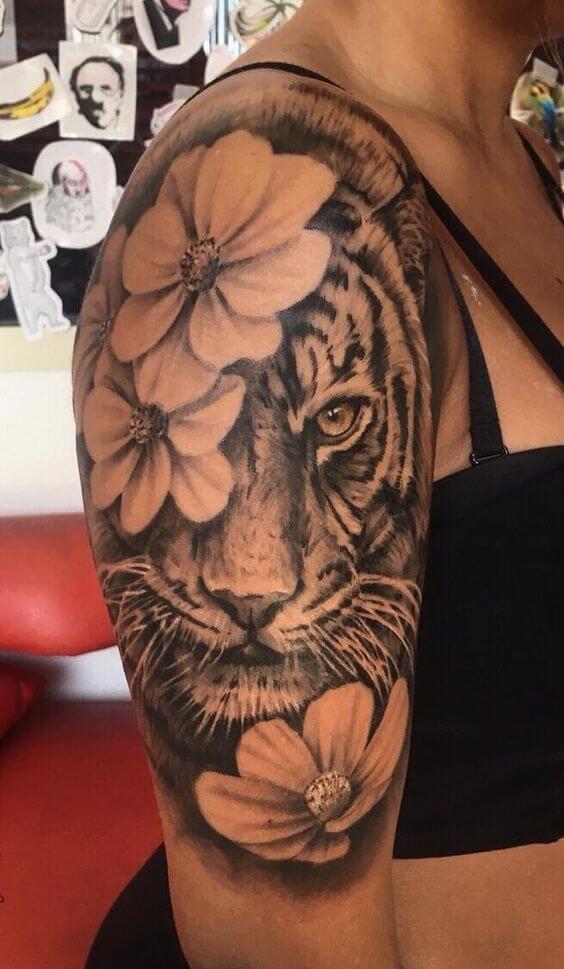 Black and White Hiding Tiger Shoulder Tattoos