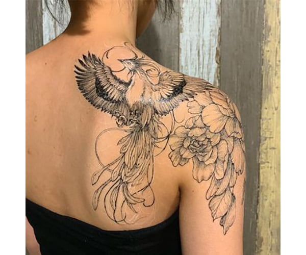 Floral Flying Beautiful Phoenix Shoulder Blade Tattoo
