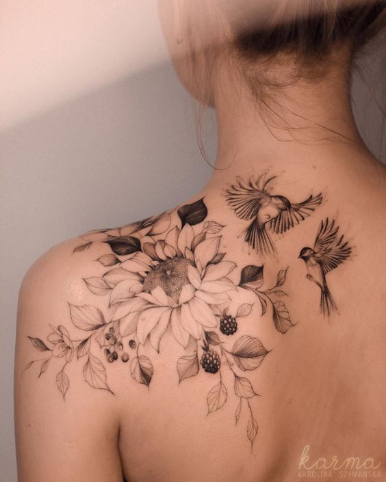 Lightly Shaded Berries and Flowers Shoulder Tattoo
