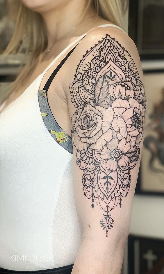 Dark Shaded Floral Arrangement Shoulder Tattoos