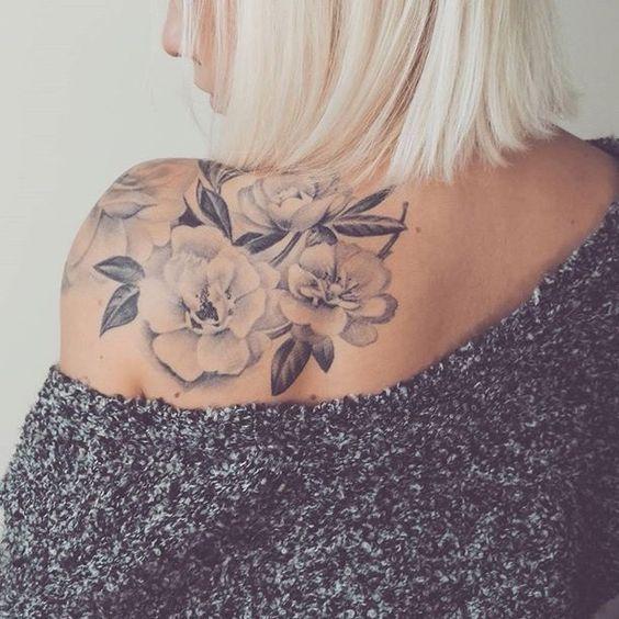 Butterfly Perched on Flowers Shoulder Tattoos