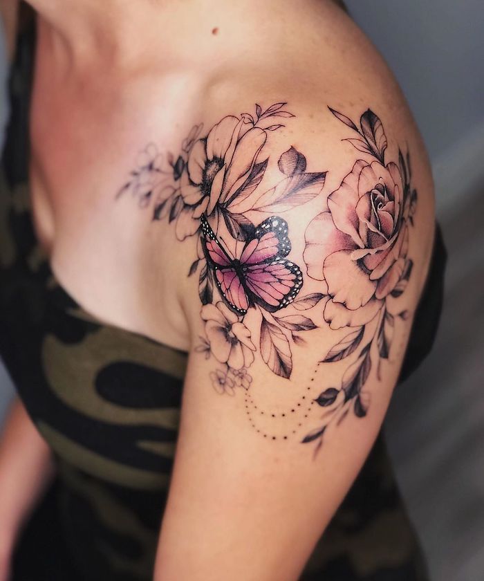 Earth Toned Large Floral Shoulder Tattoo