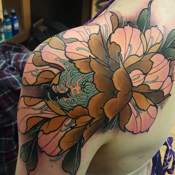 Floral Bold Lined Geometric Shoulder Tattoos