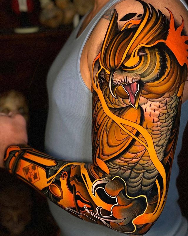 Sunset Owl Above Windowed Lamp Sleeve tattoo, celtic sleeve tattoo, sleeve tattoos