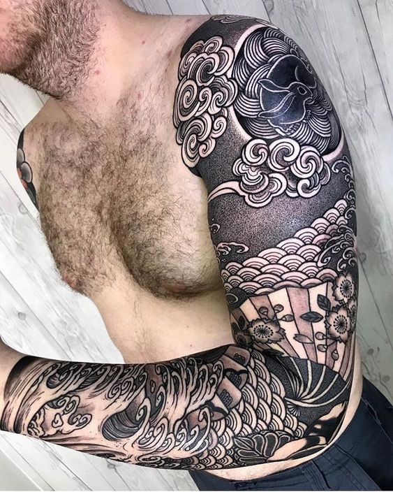 Japanese Style Fan and Seascape Sleeve tattoo, sleeve tattoos