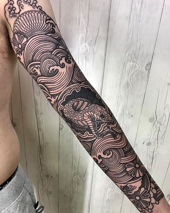 Circular Reptilian Floral Line Collage Half Sleeve Tattoo, sleeve tattoos