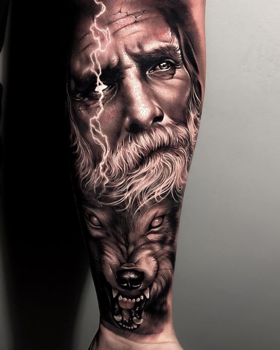 Lightning Eyed Man and Snarling Wolf A Half Sleeve Tattoo