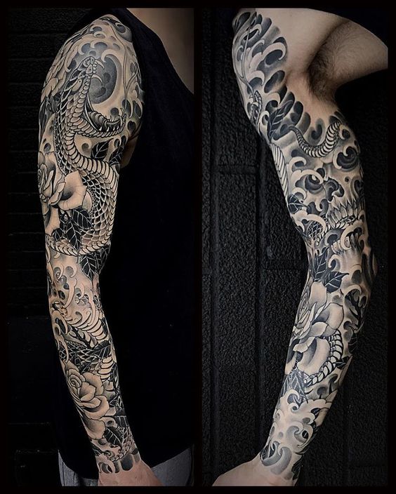 Oriental Flowers, Skull, and Snake A Half Sleeve Tattoo