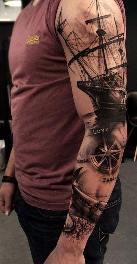 Nautical and Nostalgic Ship Sketch Scene Full Sleeve Tattoo
