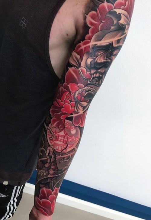 Asian Inspired Windswept Monster Mask Full Sleeve Tattoo