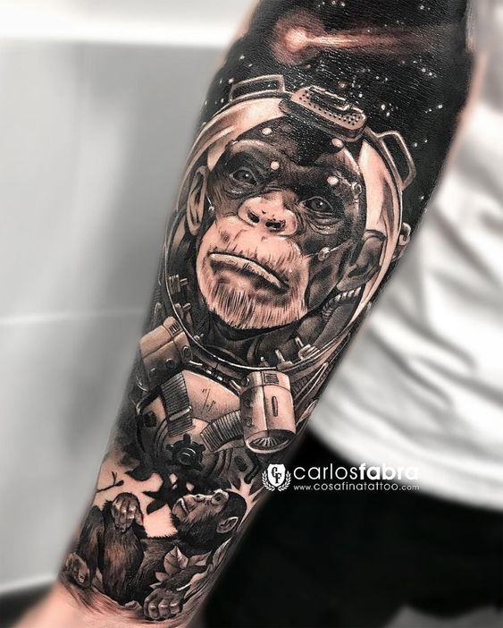 Chimpanzee Dreams of Space Travel Full Sleeve Tattoo, portrait sleeve tattoo