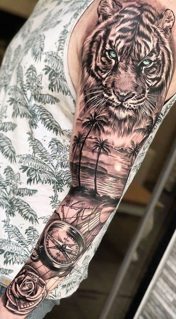 Staring Tiger Above a Tropical Landscape Full Sleeve Tattoo