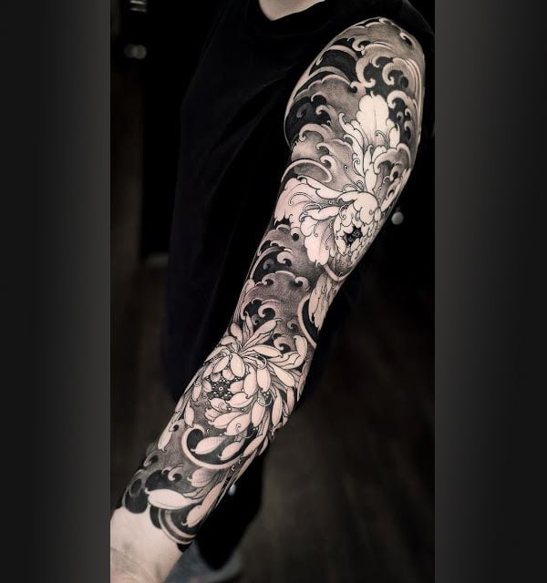 Greyscale Flowers and Windswept Waves Full Sleeve Tattoo Ideas