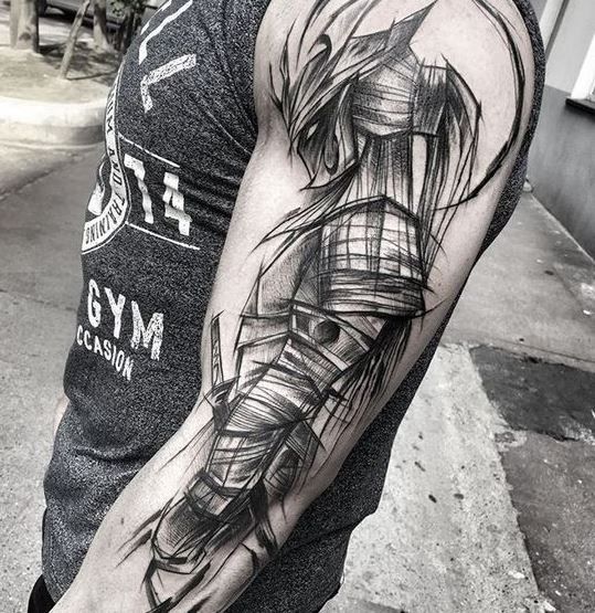 Scratch Art Cartoon Fighter Figure Full Sleeve Tattoo