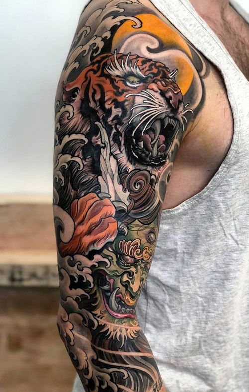 Snarling Tiger and Green Mask Full Sleeve Tattoo Ideas