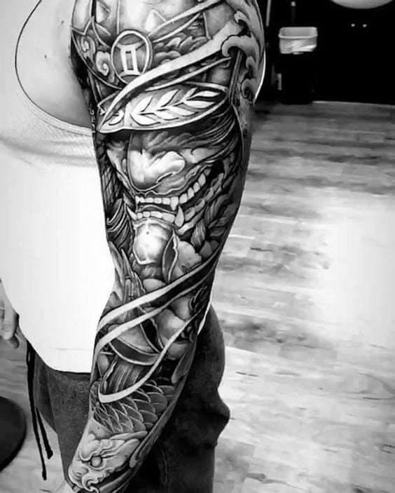 Pointy-Faced Man with Helmet and Thematic Framing Full Sleeve Tattoo Ideas, dragon sleeve tattoo