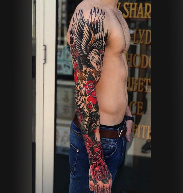 Intricately Drawn Eagle Flower Full Sleeve Tattoo Ideas