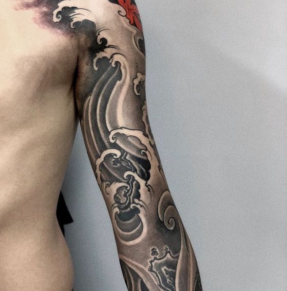 Gray Waves with Red Leaf Accent Full Sleeve Tattoo Ideas