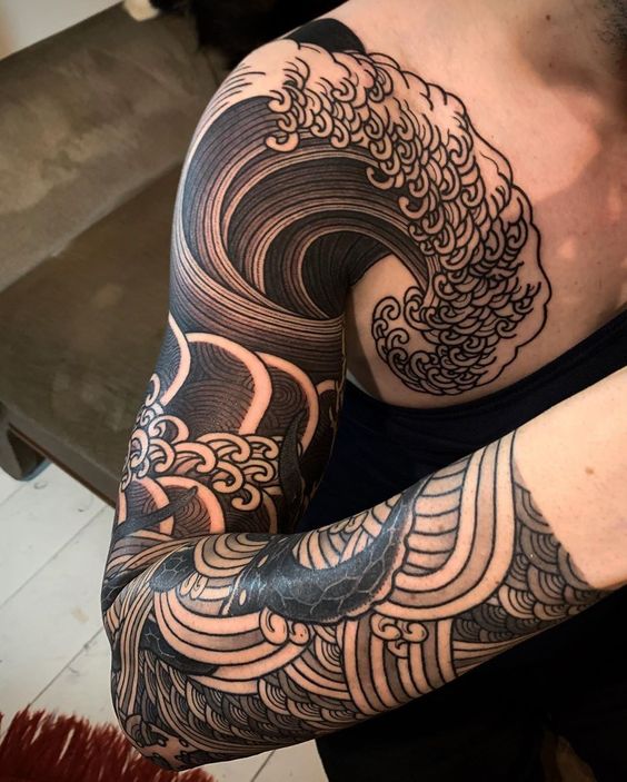 Crashing Wave with Interwoven Sea Serpent Full Sleeve Tattoo Ideas