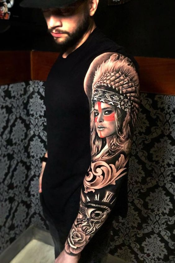Native American Woman with Eye Clock Full Sleeve Tattoo Ideas