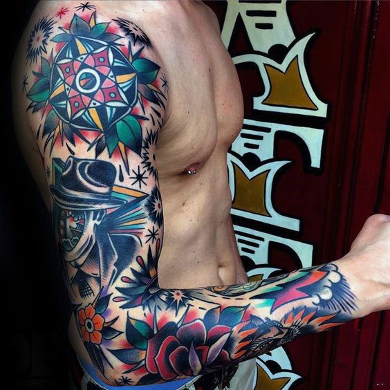 Bold Color Floral Surrealist Collage Full Sleeve Tattoo Ideas