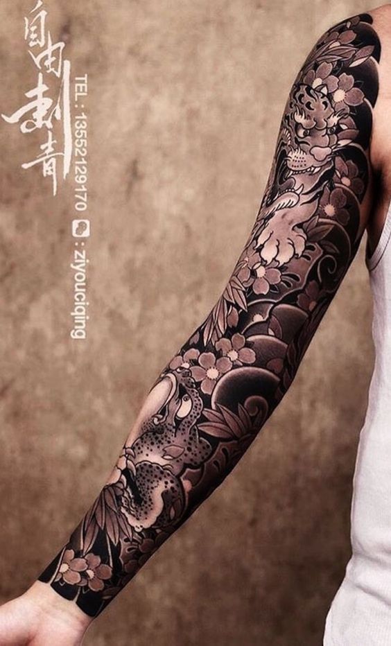 Jungle Cat and Frog with Floral Backdrop Full Sleeve Tattoo