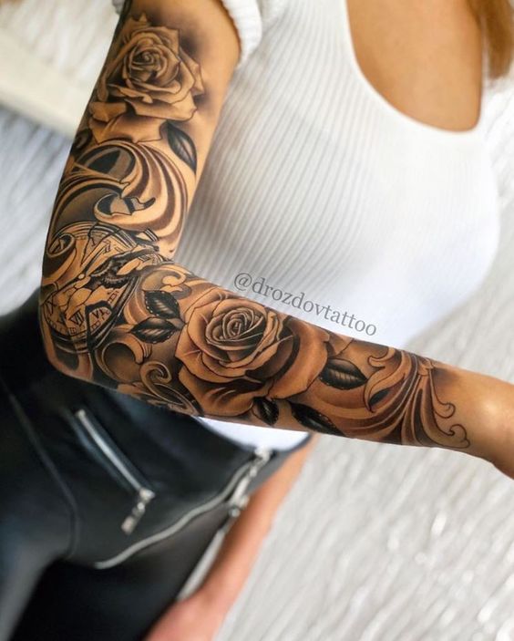 Shadowed Rose Clock Filigree Full Sleeve Tattoo Ideas