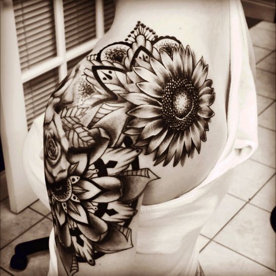 Black and Grey Sunflower Tattoo