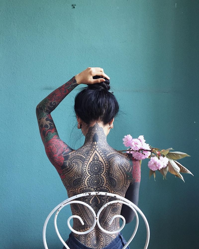 Mehndi Back and Japanese Chrysanthemum Arms Tattoo Design