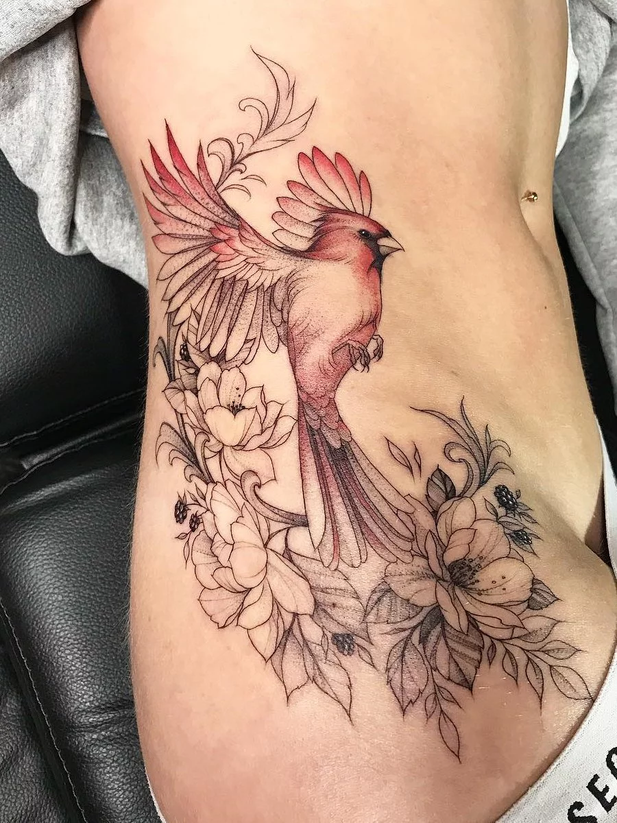 Lily Flower And Cardinal Tattoo On Left Back Shoulder