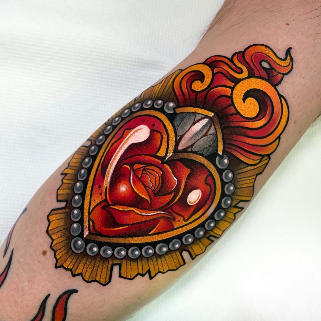 Colorful Heart Tattoo with Assortment of Rose Petals for Regal Ink Lovers
