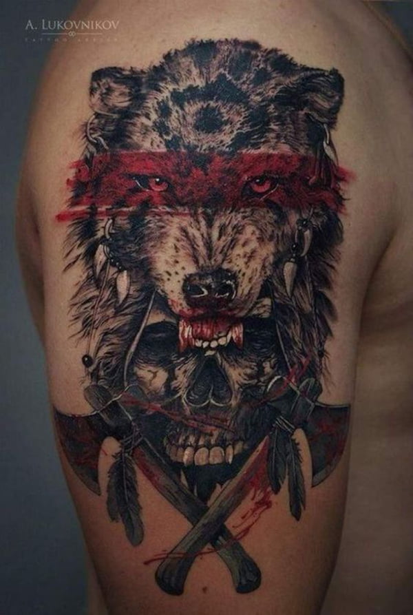 Crossed Tomahawks & Wolf Skull Tattoo