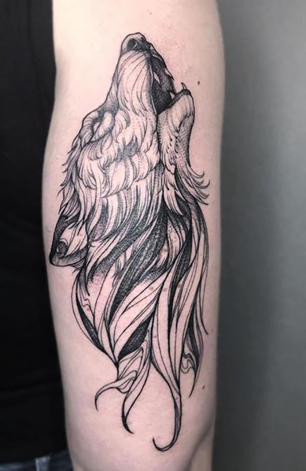 Black & White Unearthly Howling Wolf Tattoo