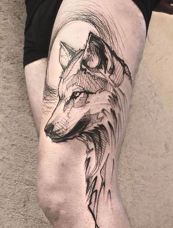 Artistic Pen-Drawn Wolf Tattoos with Moon