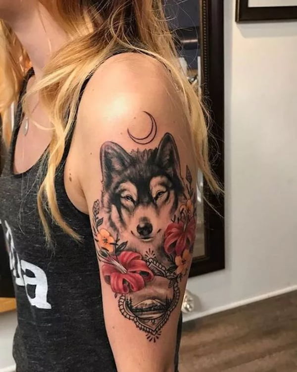 Wolf Portrait with 3D Lilies & Mountains Tattoo Ideas
