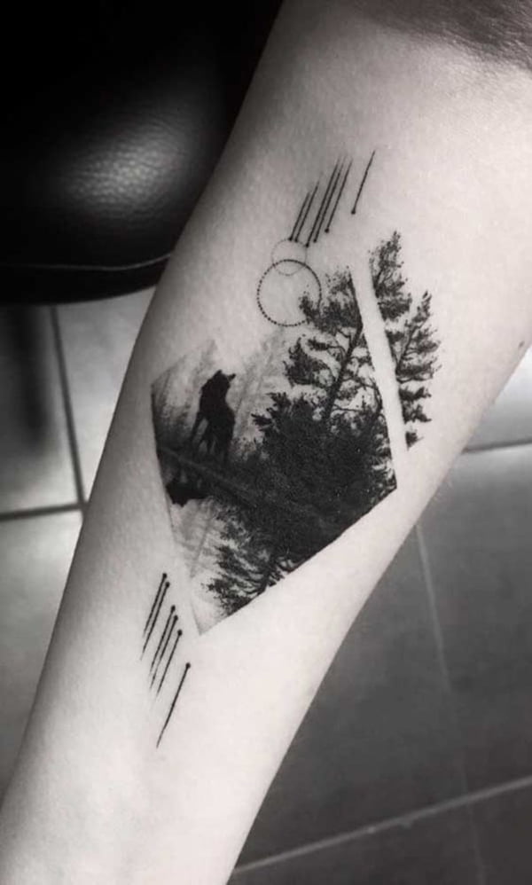 Gray-Scale Woodland Geometric Wolf Tattoo Ideas with Reflection