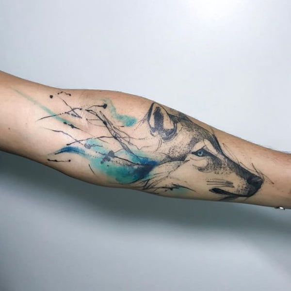 Blue Watercolor Wolf Spirit Tattoo Ideas