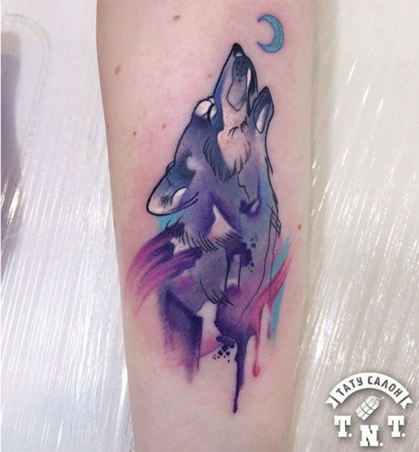 Neon Howling Wolf Tattoo