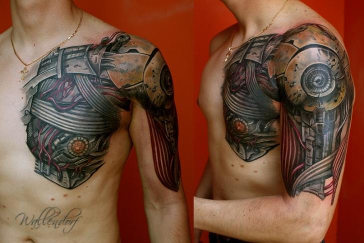 Biomechanical Chest, Shoulder and Arm Tattoo