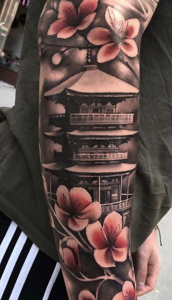 The Peaceful Pagoda With Cherry Blossom Tattoos