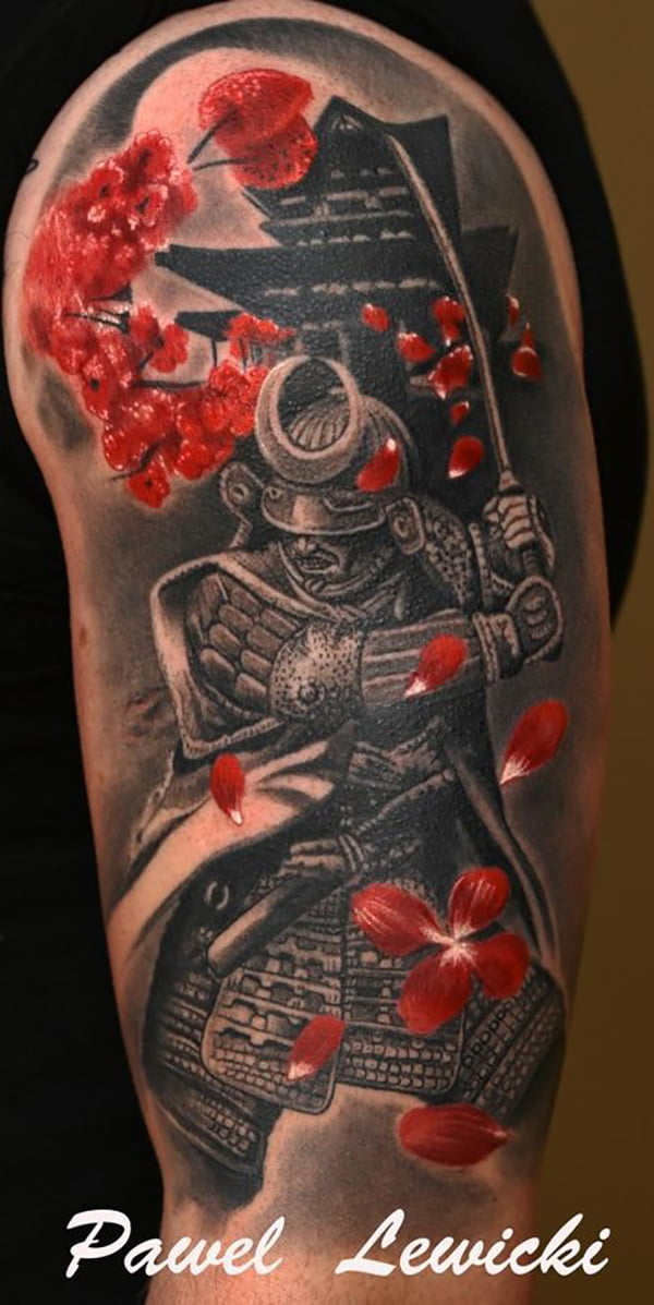  The Noble Samurai with Sword and Cherry Blossom Tattoos