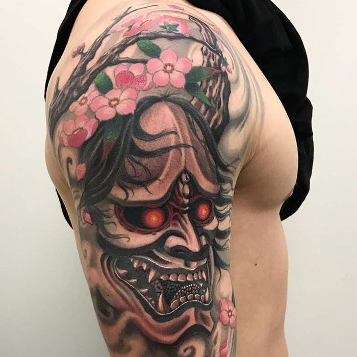 The Glowing Skull with Crown Cherry Blossom Tattoos