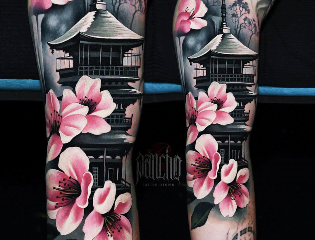 The Clear, Detailed Pagoda with Cherry Blossom Tattoos