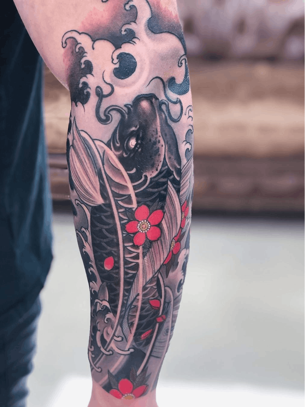 The Rising Koi Fish Cherry Blossom Tattoo Ideas