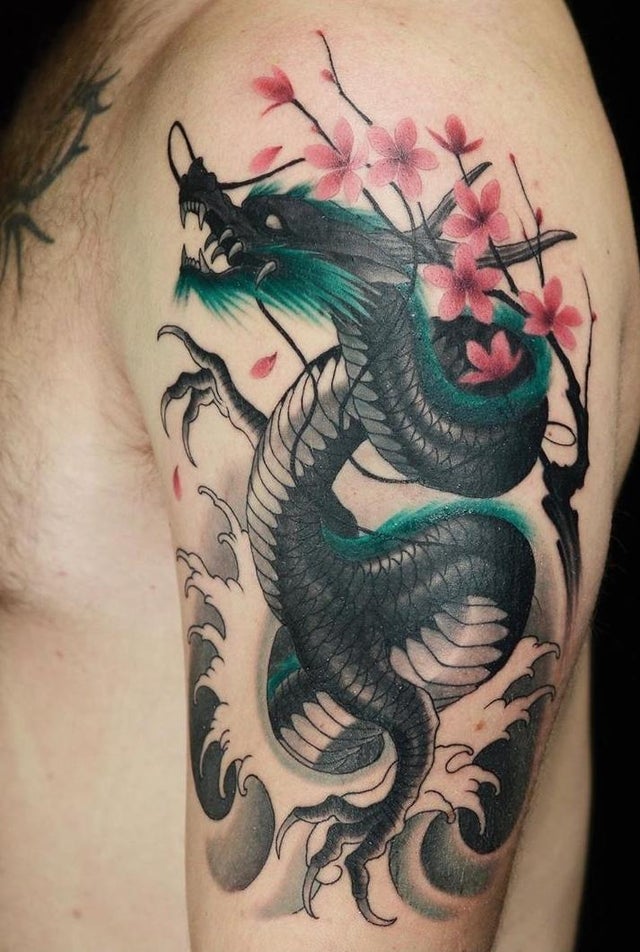 Bold Dragon with Geometric Cherry Blossom Tattoo Ideas
