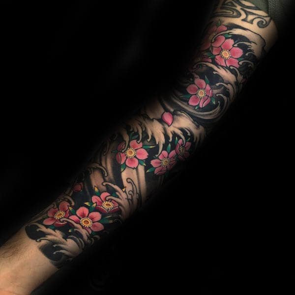 The Sleeve of Waves and Cherry Blossom Tattoo Ideas