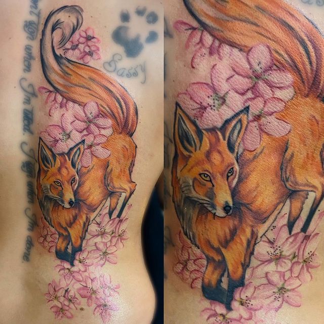 Proud Fox with Japanese Cherry Blossom Tattoo Ideas