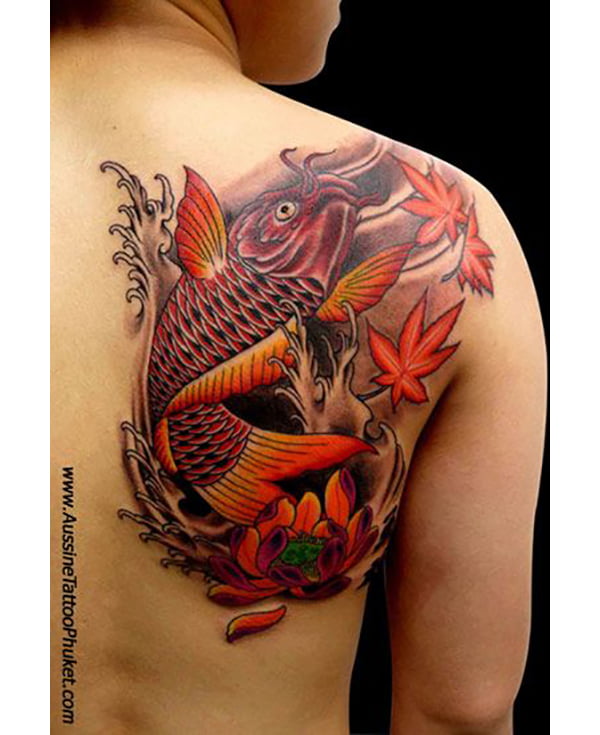 Koi with Japanese maple leaves  Animal Tattoos  Last Sparrow Tattoo