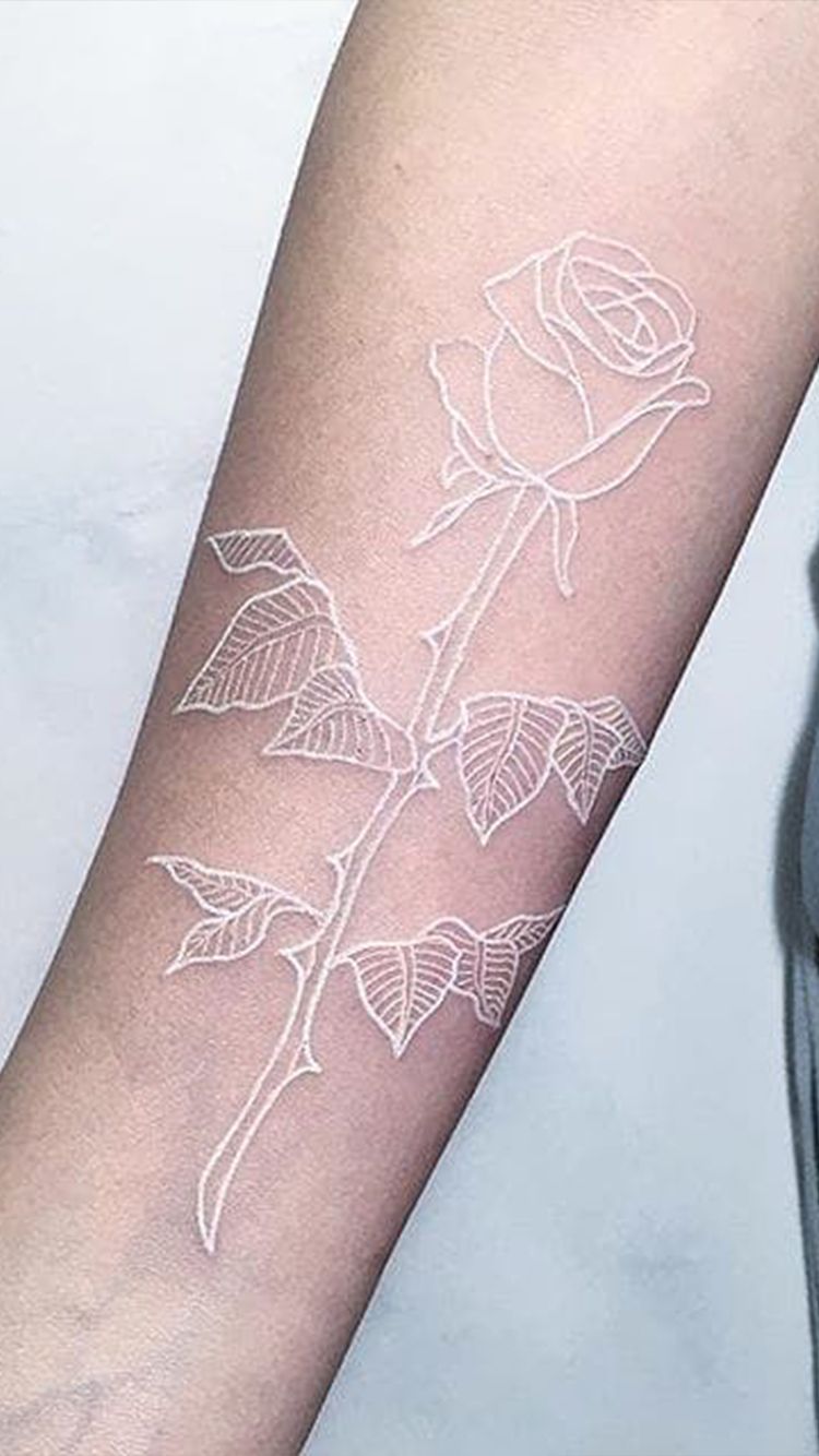 Delicate Rose with Leafy Detail White Ink Tattoos by Tattoo Artist