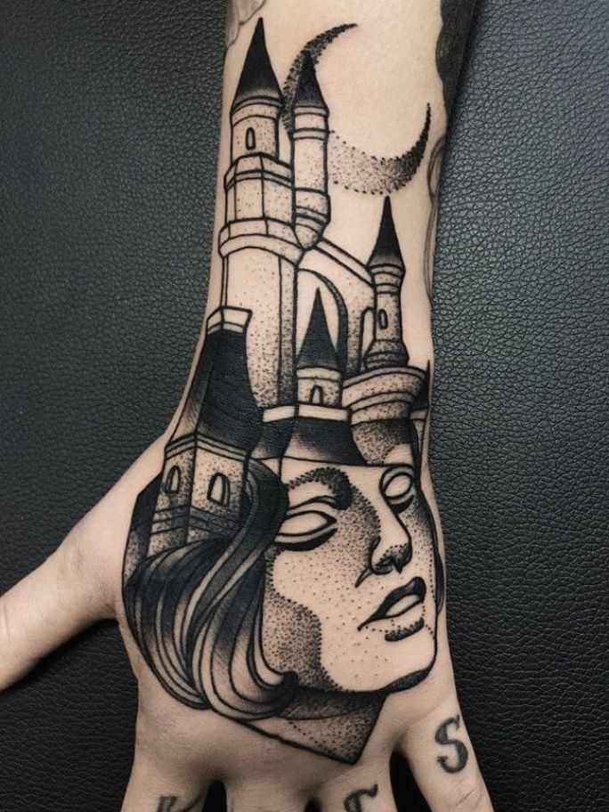 Castle and Woman Dot Hand Tattoos